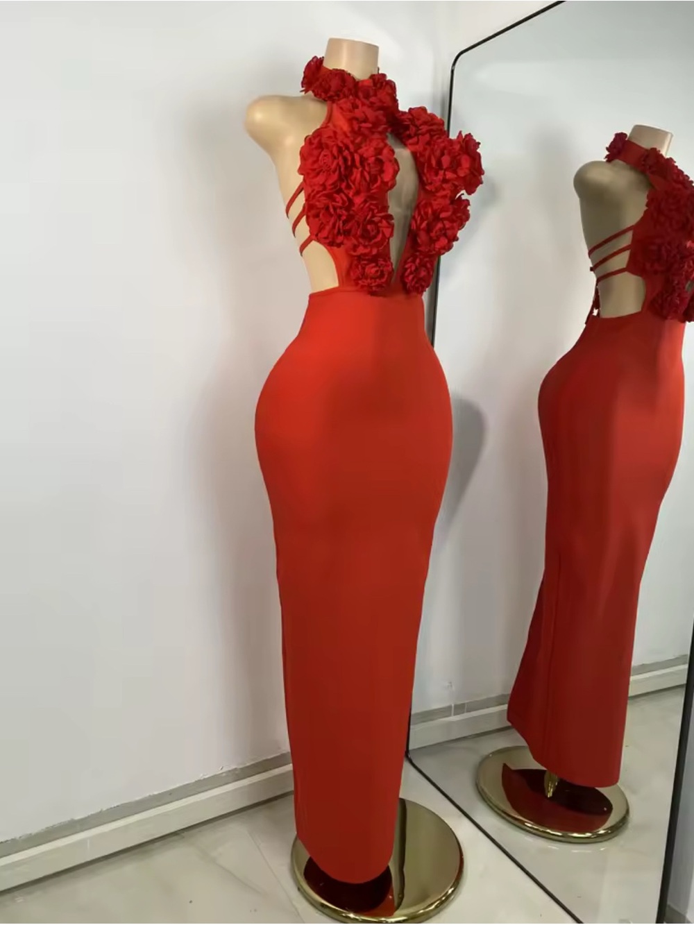 Red Floral Appliqué Halter Evening Dress